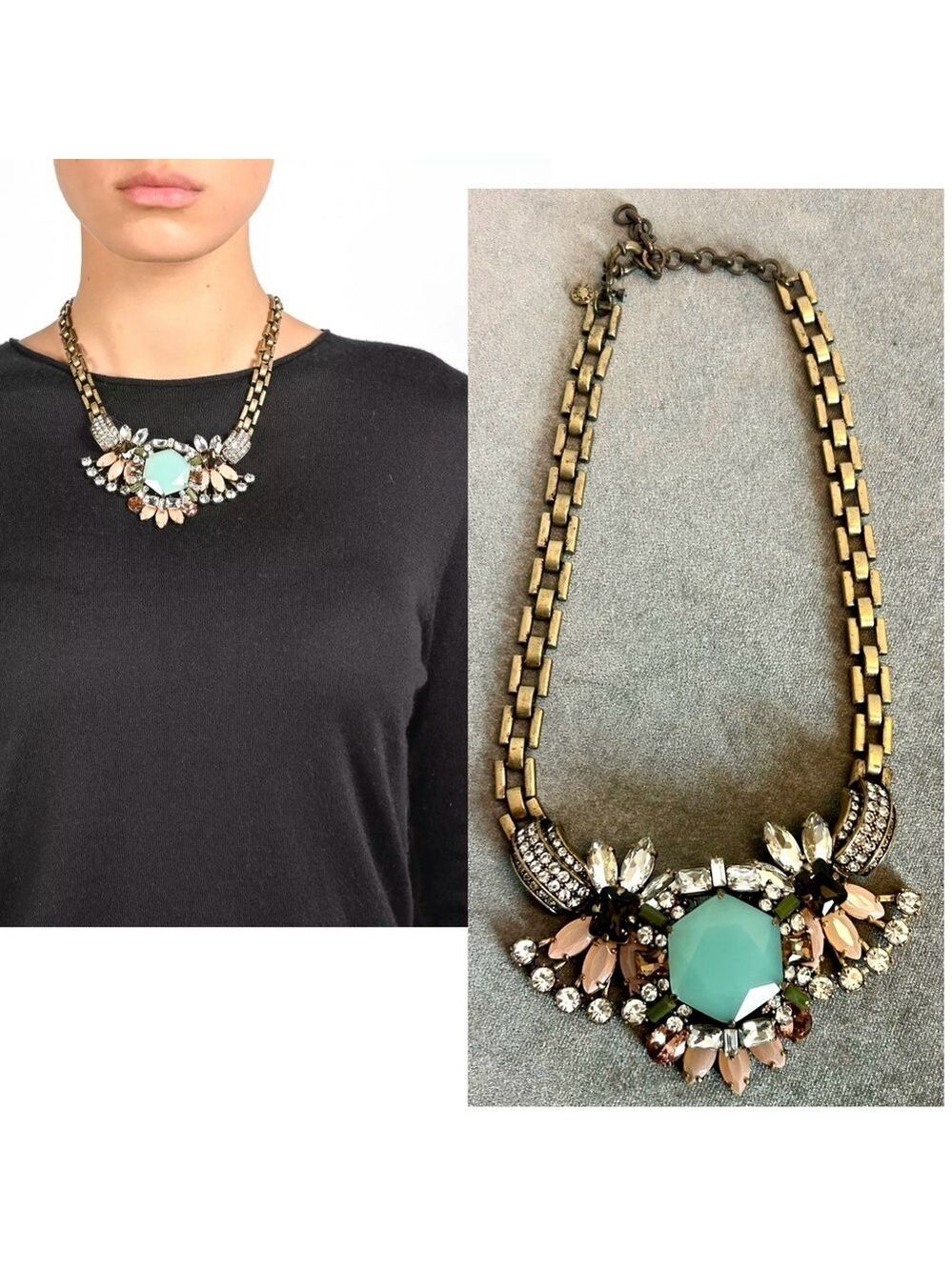 J.Crew gem jewelled crystal rhinestone chunky rare statement necklace brass tone